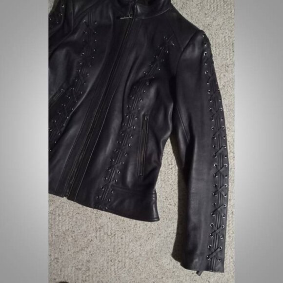 stunning! Michael Kors purple LEATHER jacket Coat size medium moto style - Picture 5 of 12